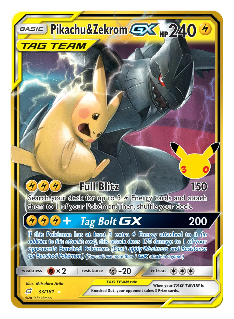 Pikachu Zekrom GX klasyczna karta 30th Celebration